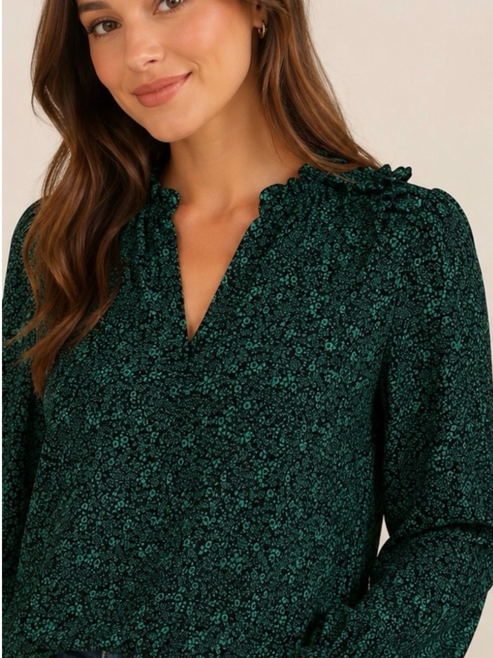 J. Crew Green Floral V-Neck Ruffle Blouse